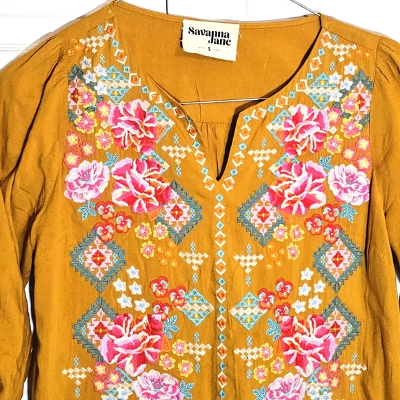 Savanna Jane Embroidered Floral‎ Rsyon Blouse Small Bold Boho Summer Yellow - Picture 3 of 7